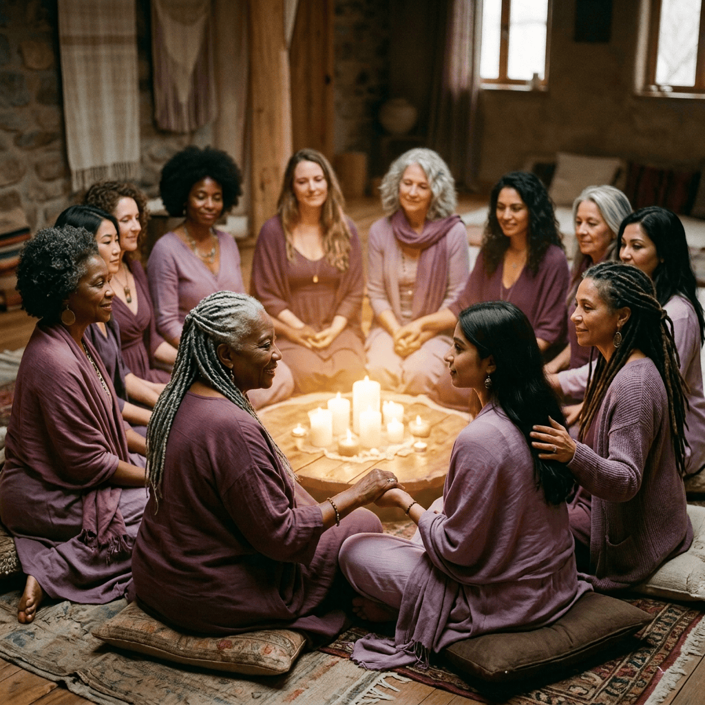 Women seated in a circle around candles, holding hands