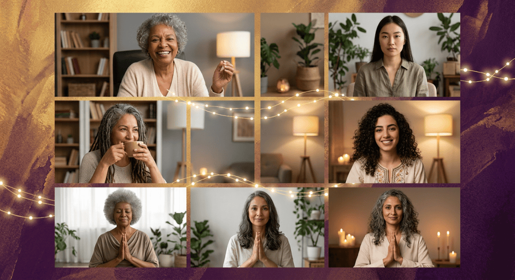 Collage of six smiling women in warm indoor settings
